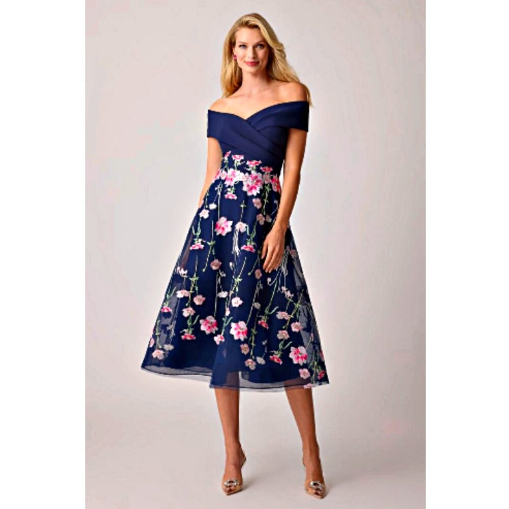 Teri Jon Crepe Off-the-Shoulder Embroidered Tulle Dress in NAVY sz 14 $735